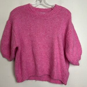 Zara Wool Blend Fuzzy Drop Shoulder Barbie Pink Oversized Short Sleeve Sweater